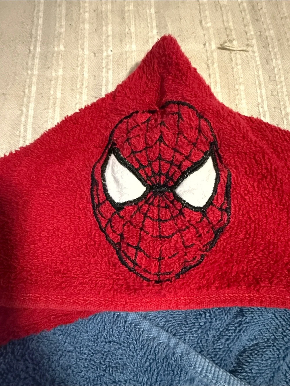 Embroidered Custom Made Spiderman Hooded Blue & Red Kids Bath Towel